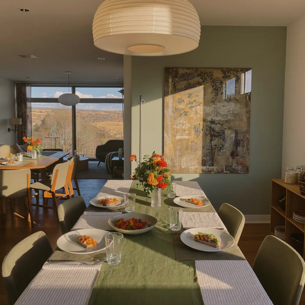 Shared dining space set for lunch